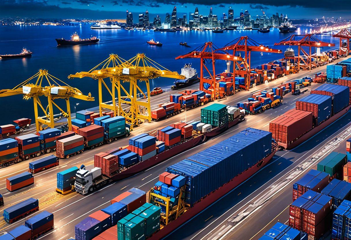 A dynamic scene showcasing a modern freight forwarding hub, with cargo ships and trucks loaded with packages, advanced tracking systems in action, and diverse workers collaborating efficiently. The background highlights a bustling cityscape, symbolizing connectivity and logistics. Emphasis on technology, like drones in the sky and digital maps on screens. super-realistic. vibrant colors. 3D.