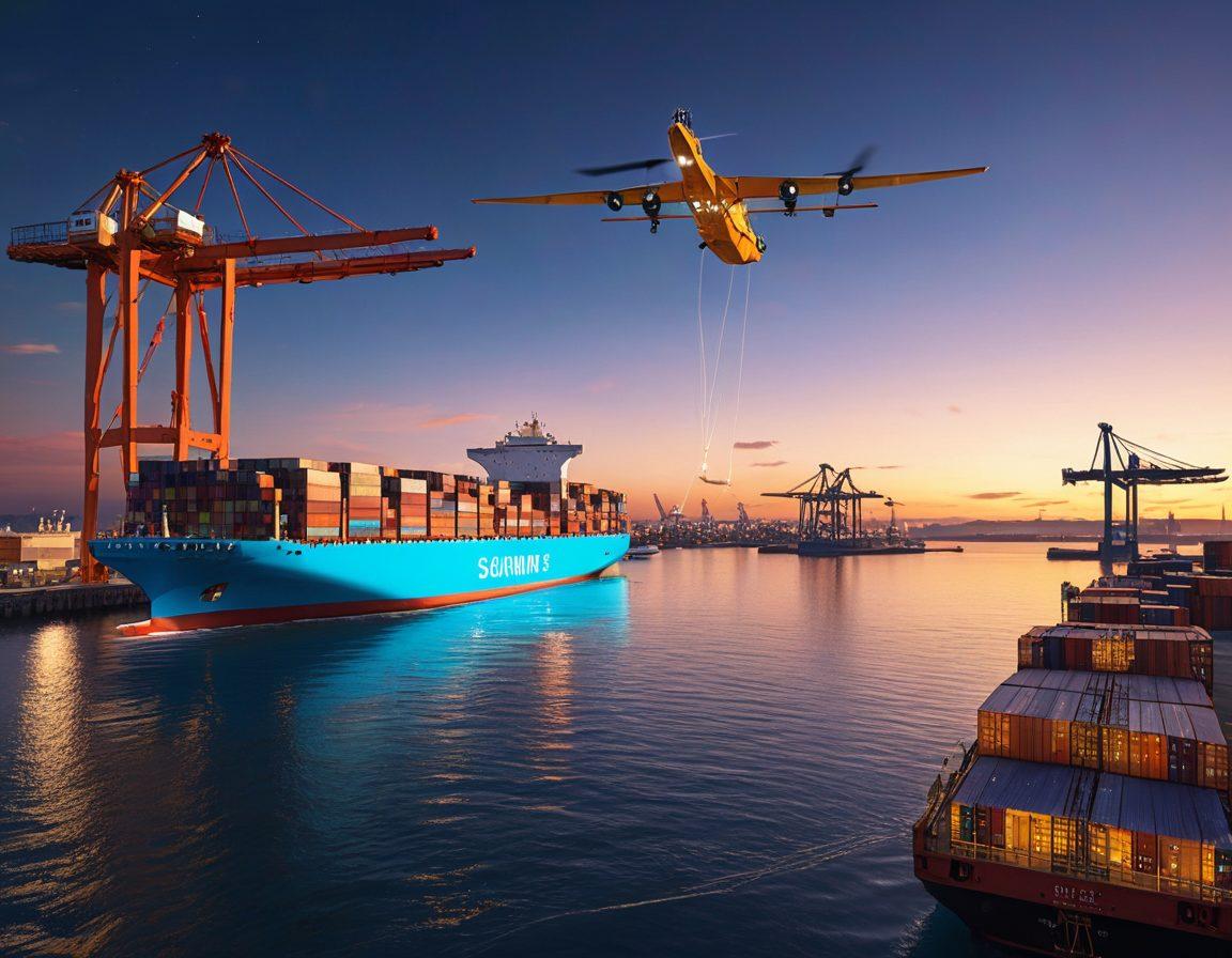 A futuristic cargo ship soaring through a bright blue sky, surrounded by intersecting drone routes and digital route maps. Below, a bustling port with advanced automated cranes and shipping containers showcases the evolution of supply chain logistics. Include elements of innovation like holographic displays of cargo information and eco-friendly transportation features. A warm sunset casts a golden glow over the scene, emphasizing progress and efficiency. super-realistic. vibrant colors. 3D.