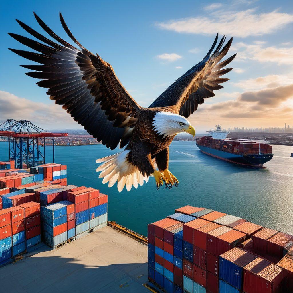 A majestic eagle soaring high above a sprawling landscape, with a backdrop of modern shipping containers and innovative logistics technology below. The eagle's wings are outstretched wide, symbolizing freedom and precision in delivery. In the foreground, depict a high-tech shipping dock bustling with activity, showcasing cranes and cargo ships. Vibrant colors to highlight the contrast between nature and logistics. super-realistic. vibrant colors. blue sky.